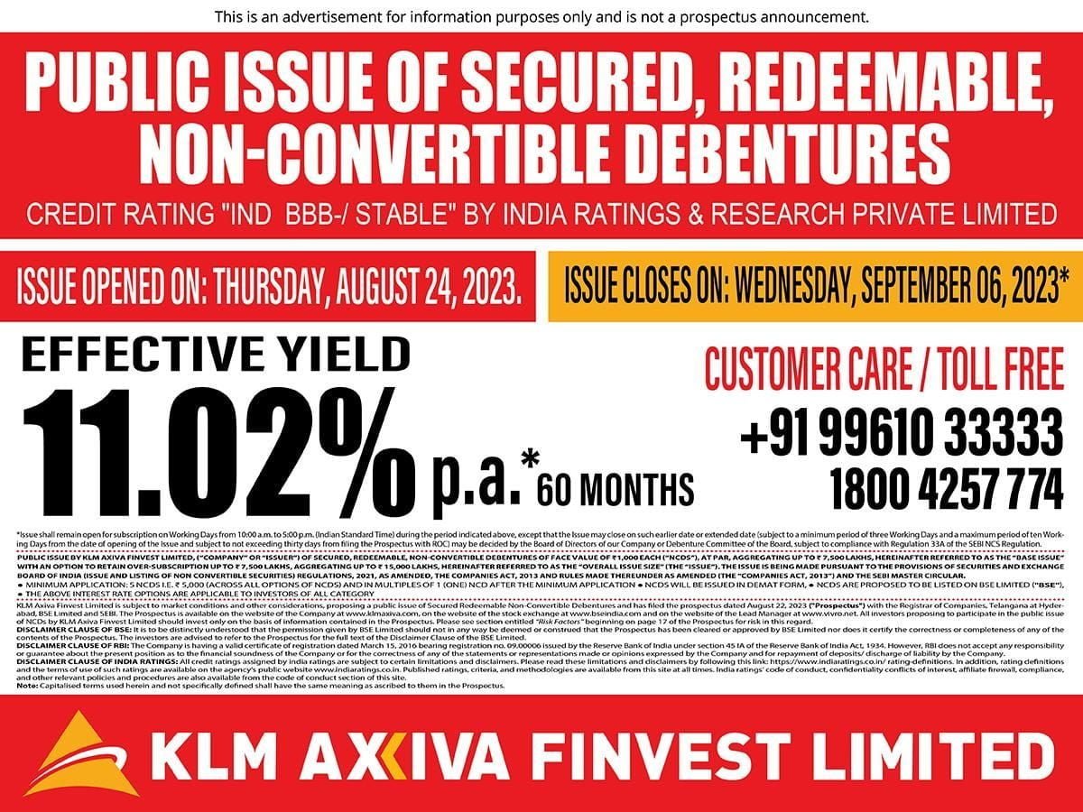 KLM Axiva Finvest to raise up to INR 15,000 lakhs via non-convertible debentures.