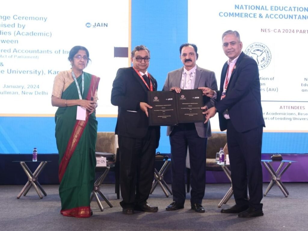 JAIN Deemed-to-be University strengthens ties with ICAI to Foster Academic Collaboration - Bangalore (Karnataka) , January 31: In a landmark move, the Institute of Chartered Accountants of India (ICAI) and JAIN (Deemed-to-be University) have solidified their partnership through a Memorandum of Understanding (MoU), marking a significant milestone in the realm of commerce and accountancy education. The MoU, signed on January 22nd at 5:30 pm during the National Education Summit on Commerce and Accountancy (NES-CA) 2024 reflects a commitment to promoting common interests and fostering a robust relationship in the fields of commerce, accountancy, and finance. - PNN Digital