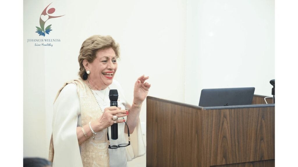 Ms. Farida Irani, a Senior Bowen Instructor, Ayurveda Practitioner, Aromatic Medicine Specialist, addresses the crowd at Jehangir Wellness Centre for Bowen Therapy Event