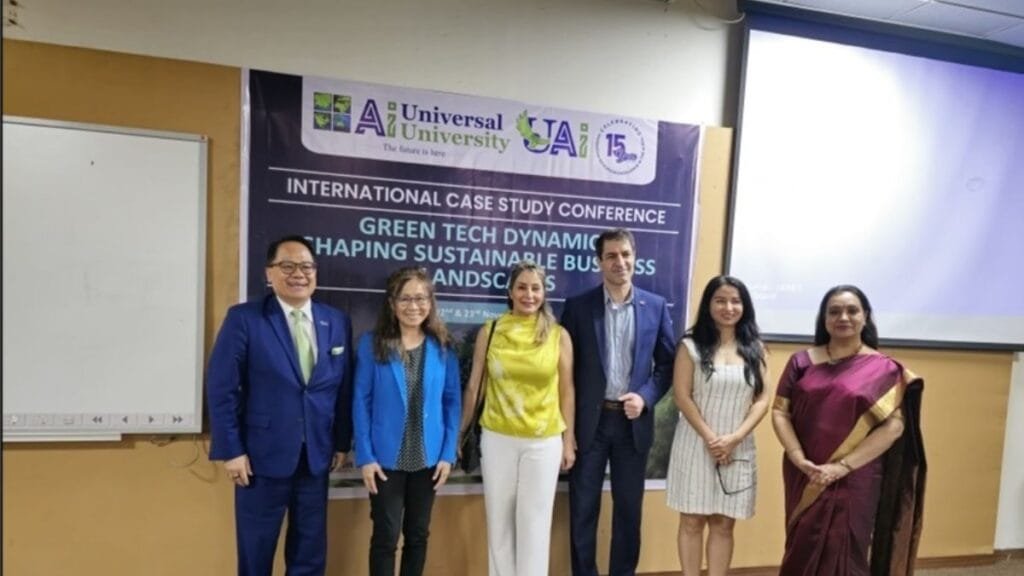 Dr Simon Mak, Vice Chancellor, Universal AI University (Left) and other dignitaries at the International Case Study Conference 2024 organised at Universal AI University’s Karjat Campus